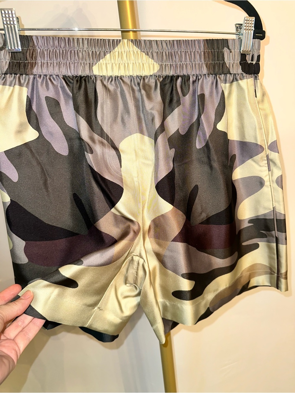 NWT Burberry Camouflage Silk Athletic Shorts - Olive Green & Black